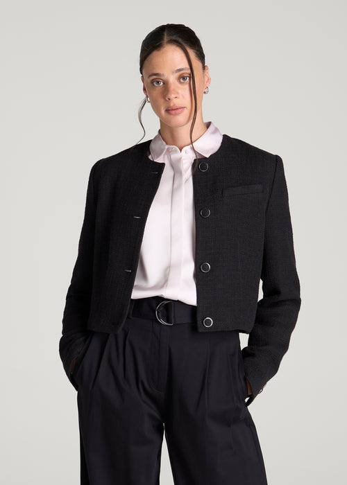 Black Zenvira Textured Collarless Button Front Cropped Blazer Jacket Florenlilly