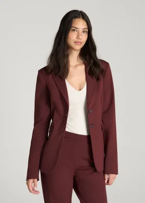 Burgundy Zelvoria Notched Lapel Two Button Fitted Blazer Jacket Florenlilly