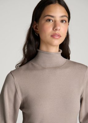 Florenlilly Avelune Taupe Mock Neck Long Sleeve Waist Tie Knit Pullover Sweater